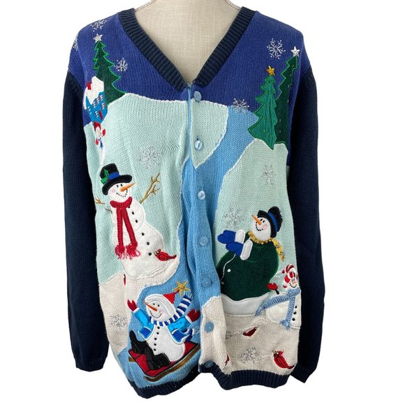 Quacker Factory Snowman Ugly Christmas Sweater Knit Cardigan Womens Sz‎ L Blue - Picture 1 of 16